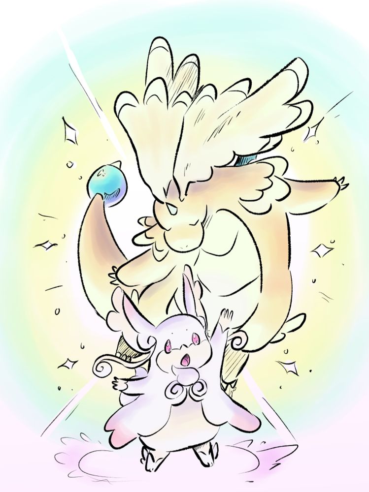 fanart of mega dragonite and mega audino. they're posed majestically in front of pastel colors.