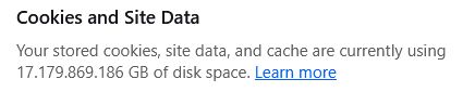 Screenshot fra Firefox

Cookies and Site Data

Your stored cookies, site data, and cache are currently using
17.179.869.186 GB of disk space.