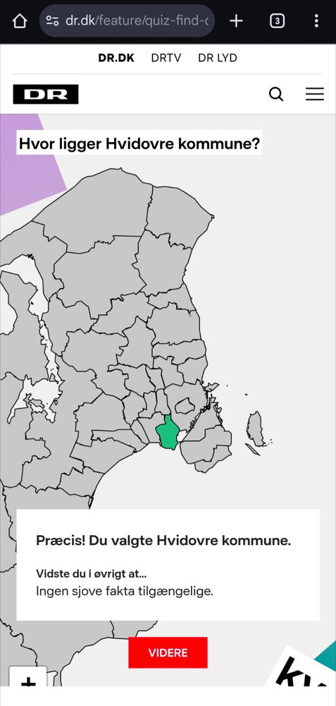 Screenshot af DR kommunequiz. Hvidovre er valgt. Tekst: "Vidste du i øvrigt at… Ingen sjove fakta tilgængelige"