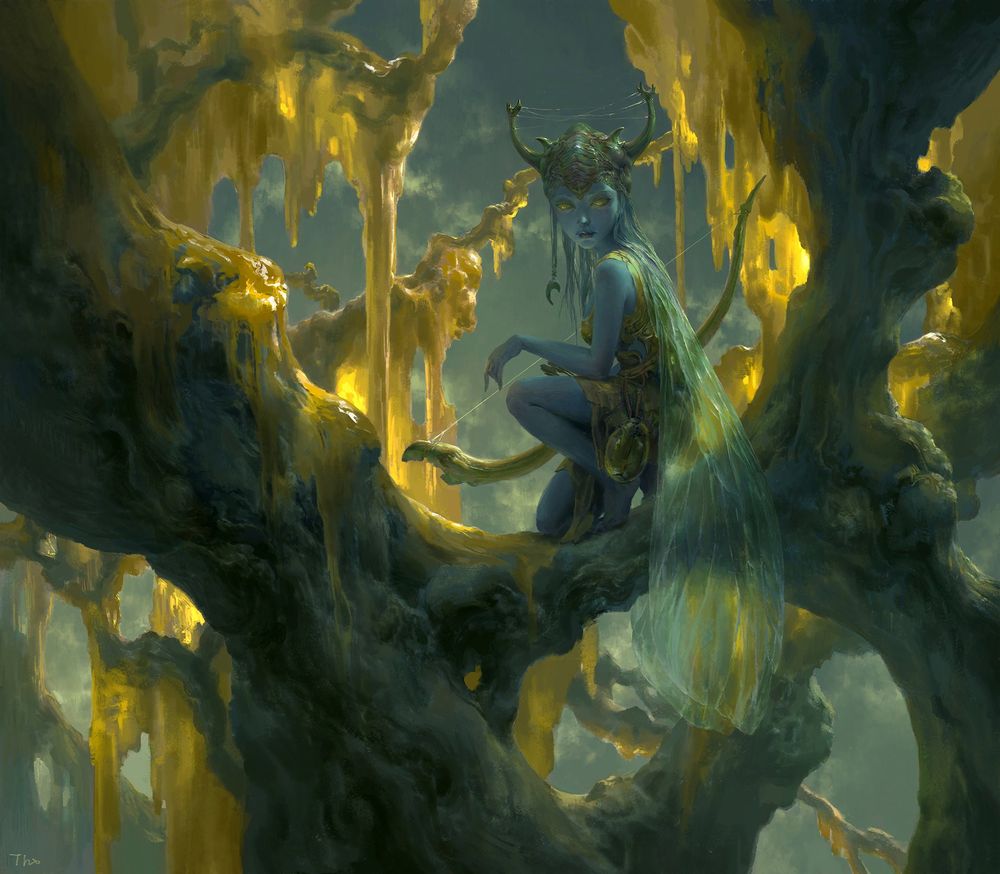 A painting of a fairy with blue skin, greenish translucent wings, and golden orbs for eyes crouches on a golden-moss covered tree limb and looks over her shoulder. She is holding a bow in her right hand and wearing a beetle-like hat. There are more moss-covered limbs and vines in the background. The lighting is eerie and swampy. 