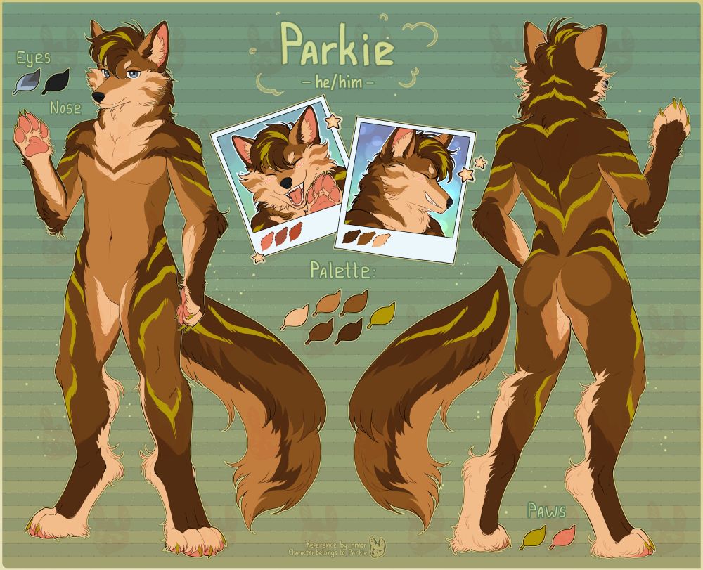 a reference sheet of an anthropomorphic fox/wolf-looking creature; two fullbodies show fur patterns on the front and the back of the character, one headshot depicts the character smiling with his mouth being open and revealing tongue colour, the other headhshot shows how brown pattern goes from the back to the front of the neck.
