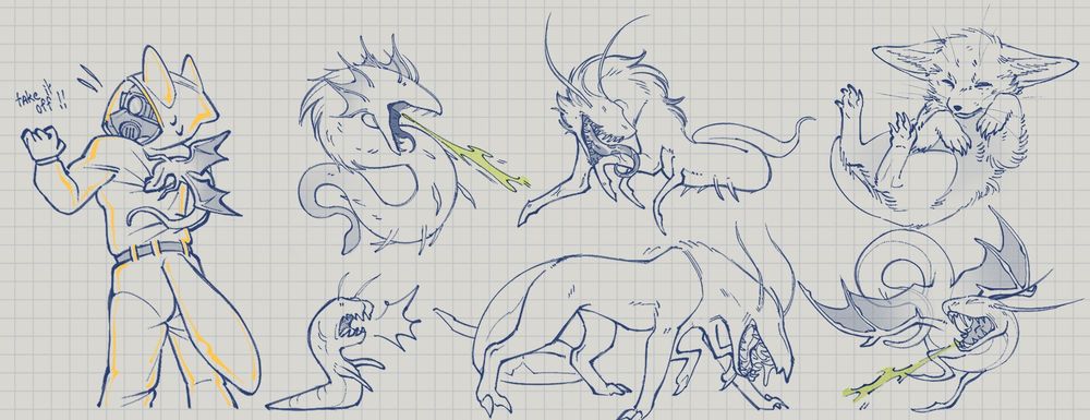 several parasite concept designs; a halfbody of a person in a hazmat suit with a winged parasite biting through their suit; a fullbody of a fluffy snake-like being that spits acid; a small worm-like monster inspired by the visitor; snake-like monster with mantis-like legs and a long tongue; four-legged creature with additional mantis-like legs; a fennec fox cub; a snake-like being with bat wings and an ability to spit acid