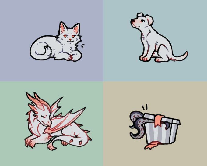 four fullbodies of albino animals: a cat, a dog, a dragon and a monster in a box