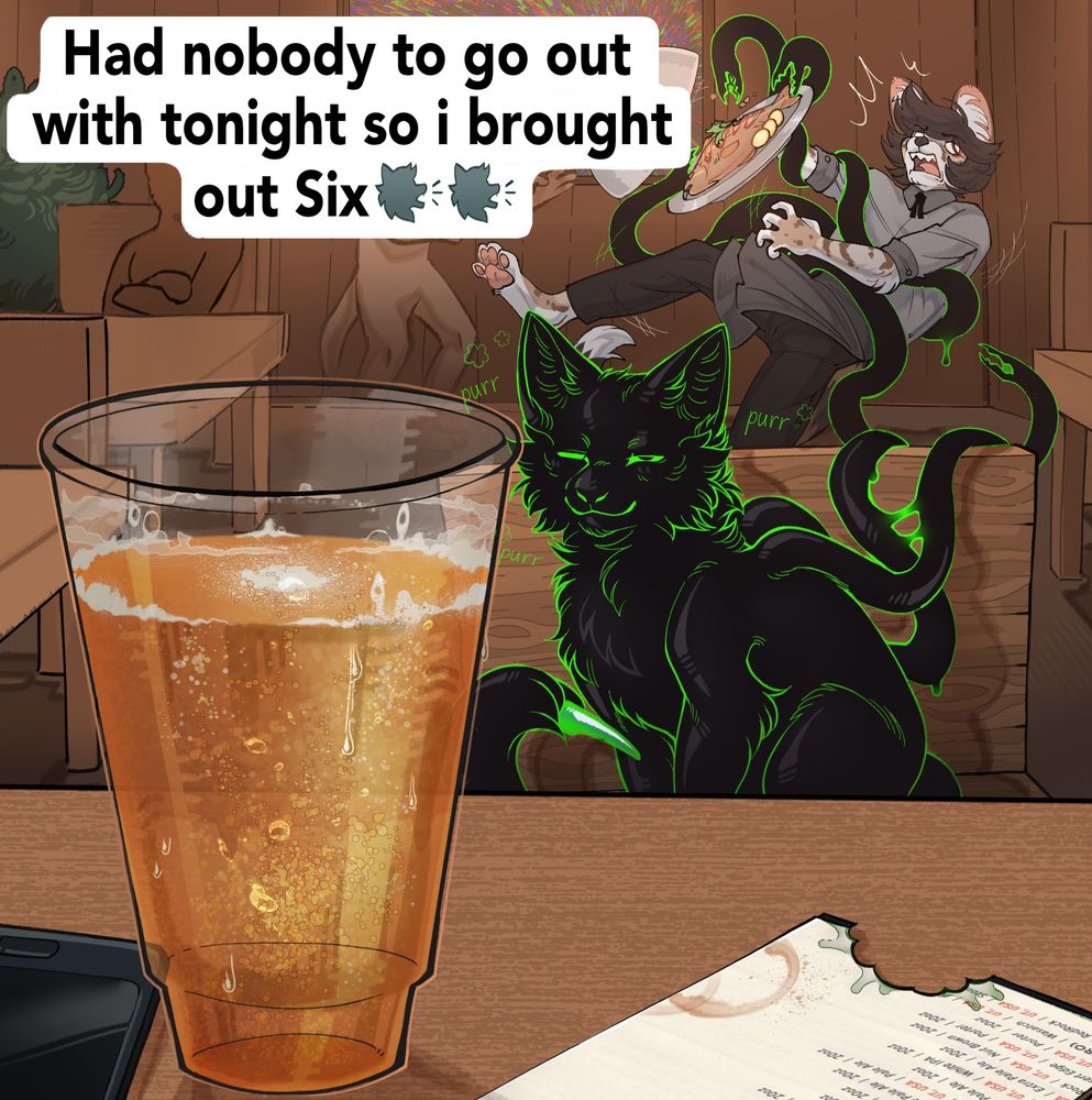 a silly picture featuring an eldritch creature slightly resembling a feline sitting next to pov with a very smug expression on their face. their tendrils can be seen on the background as well as a captured scared waiter whose plate got stolen.