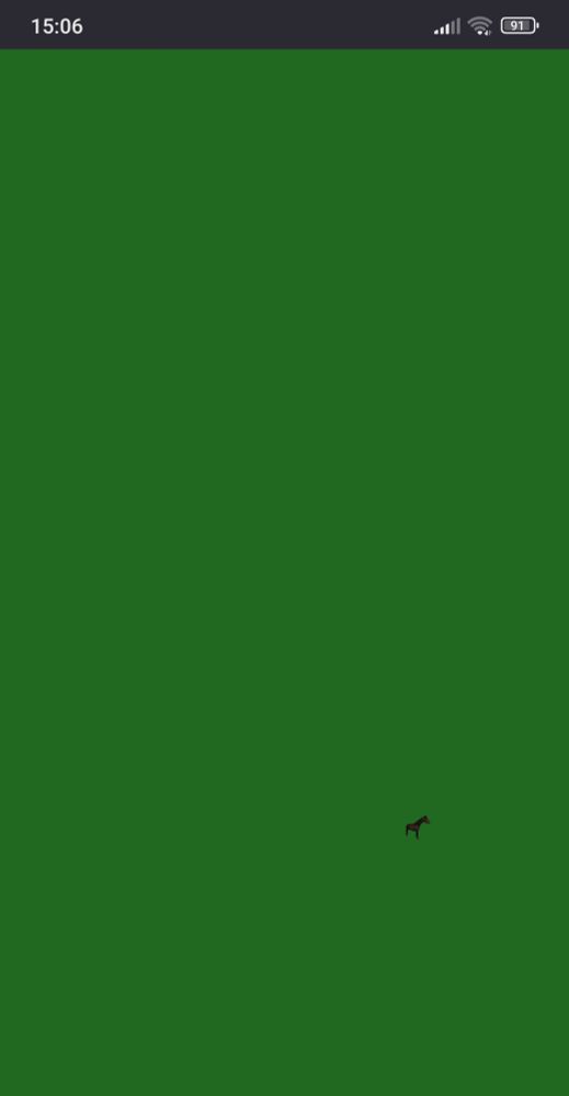 Mobile screenshot of a tiny horse on a green background 