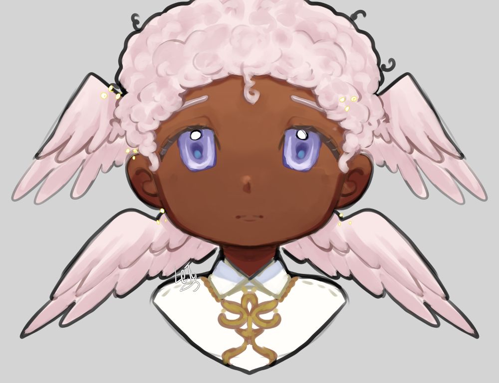 Desenho de um personagem Chibi até a altura dos ombros, com asas de anjo na cabeça, cabelo cacheado branco, olhos azuis claros e roupa branca com detalhes em dourado.