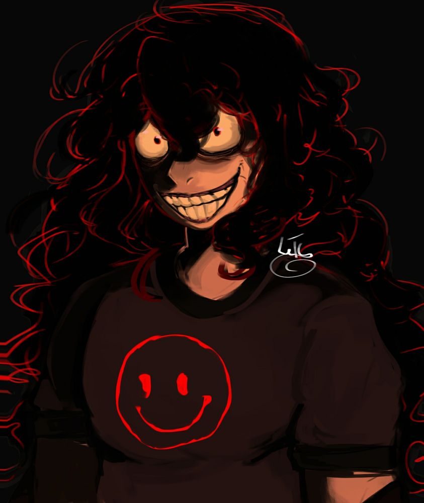 Desenho do personagem John Doe do Jogo "John Doe Game". Na imagem mostra o personagem até a altura do tórax, com um sorriso largo e olhos arregalados, dando um contraste com a sombra preta para deixá-lo mais assustador.