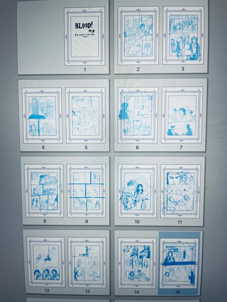 15 pages of comic book sketches, digitally drawn in blue pencil