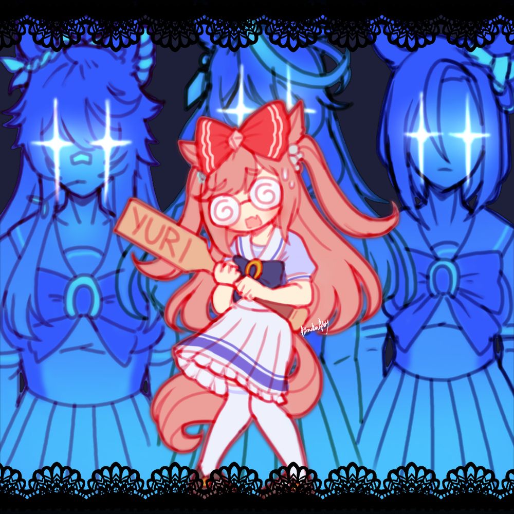 Agnes Digital from Umamusume wearing spiral glasses and sweating while holding a yaoi paddle that says "YURI" on it, reminiscent of the MV for "Confessions of a Rotten Girl." Narita Brian, Symboli Rudolf and Air Groove are in the background staring at her with glowing white eyes.