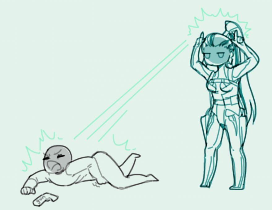 Eleanor from Warframe standing, and projecting green beams with her mind onto a featureless person. The other person is folded on the floor clutching their balls, causing them to drop their gun