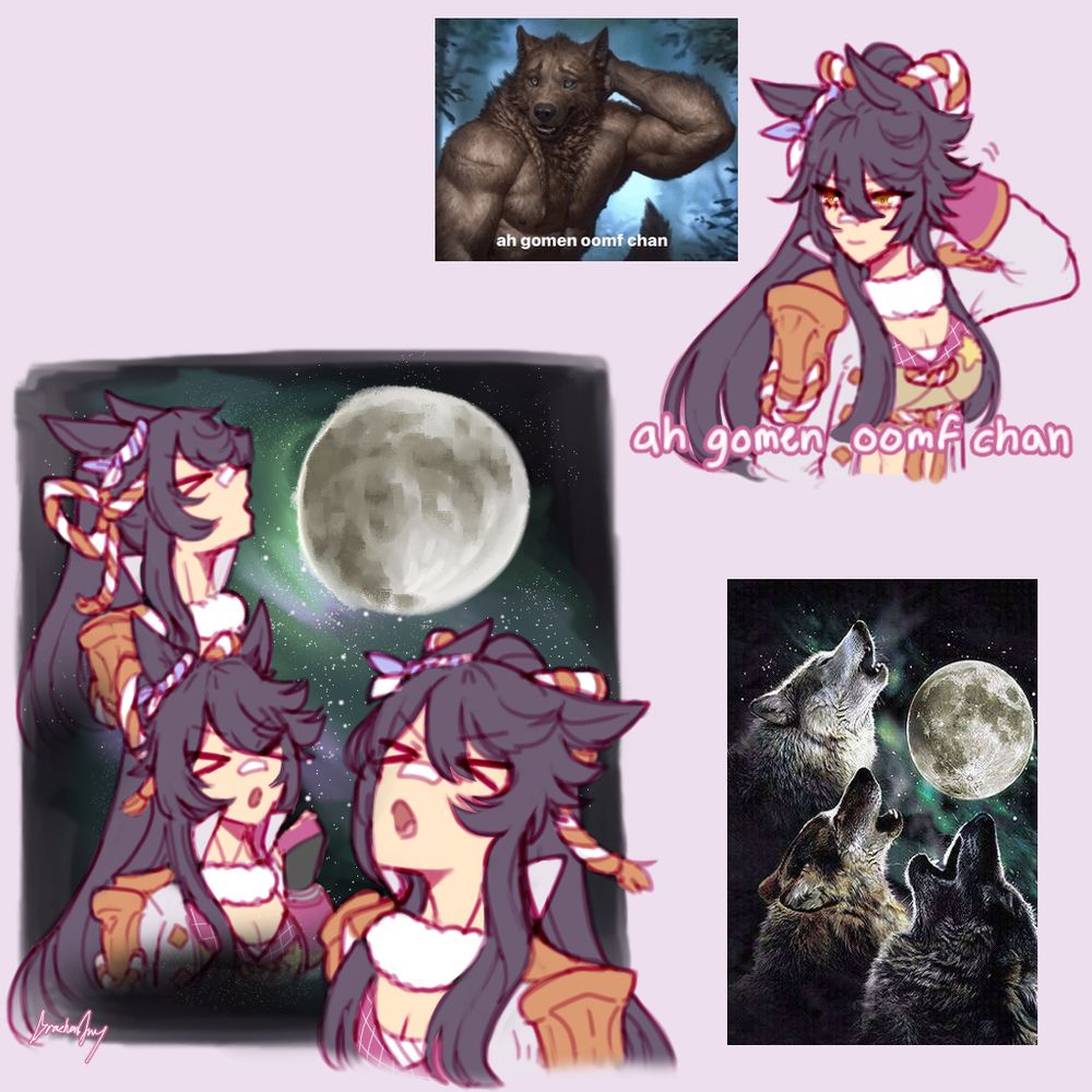 Narita Brian from Umamusume drawn as two wolf memes. The first is "ah gomen oomf chan" with her scratching her head looking apologetic.
The second is the Three Wolf Moon image but with her howling. 