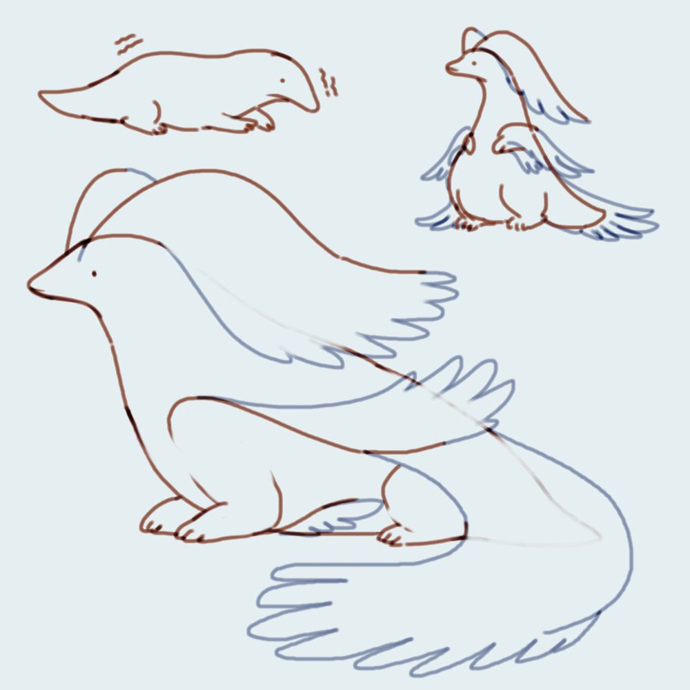 Three poorly drawn Uth Duna. One where it is sitting down, one without its water veils, and one with it standing on its hind legs.