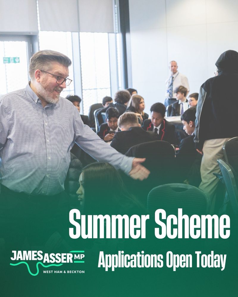 Photo of James Asser with young people with text saying summer scheme applications open today 