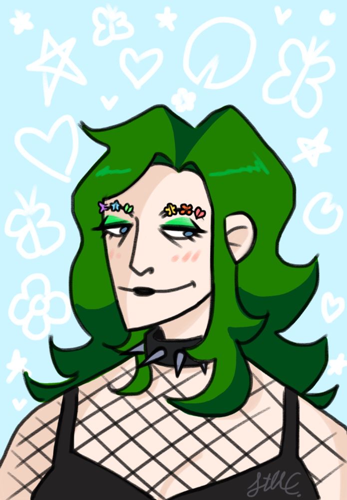 Some silly art of my friend, @countthotula/g0thferatu, in alt clothing with tiny, cute, 90s-00s hair clips in her eyebrows.