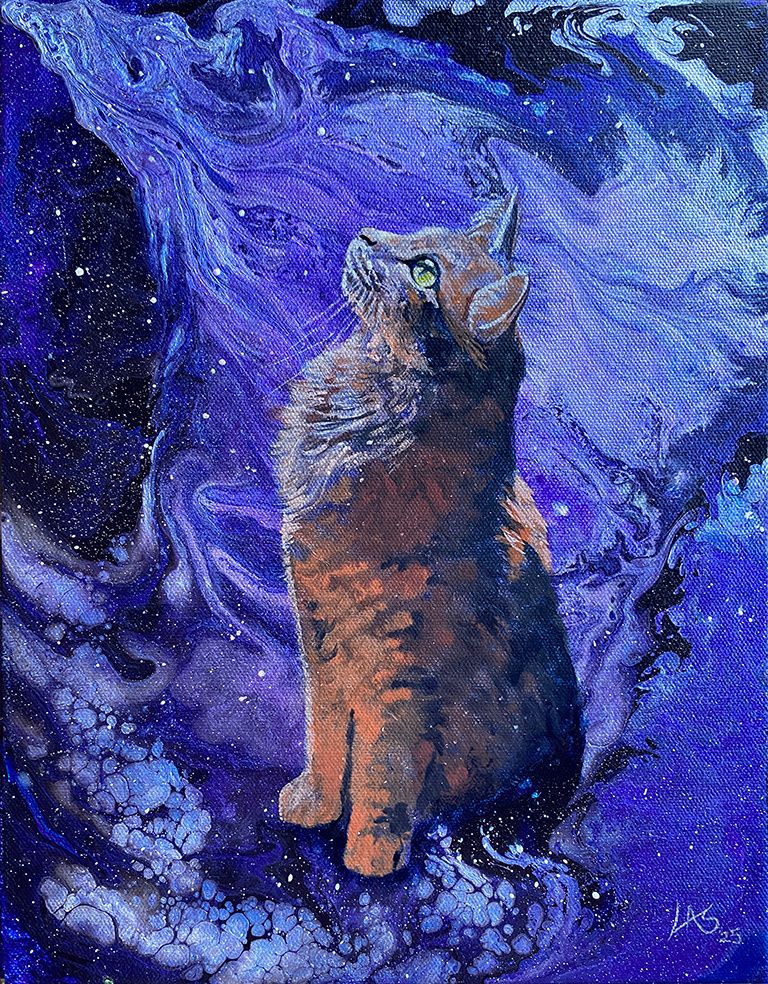 A ginger colored cat looking up with wide green eyes, with a blue-purple background of swirling nebula and stars.