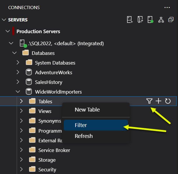 Screenshot of Filter functionality in Object Explorer
