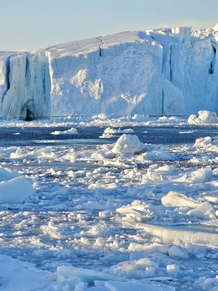 Many ice floes and a massive iceberg with some kind of cave.