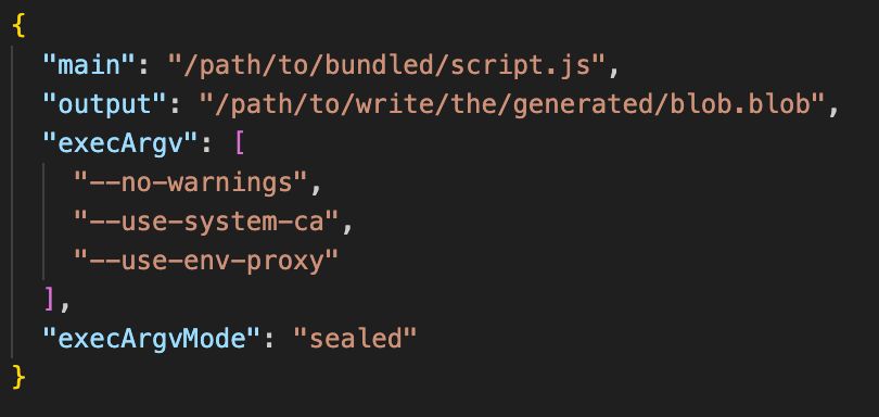 "execArgv" field in the SEA config specifies execution flags to be baked into the SEA and applied when it's launched. "execArgvMode" field specifies whether run-time override is allowed. "sealed" for no override, "env" for allowing override from NODE_OPTIONS, and perhaps another value for more powerful override like `--node-flags="--inspect"`.