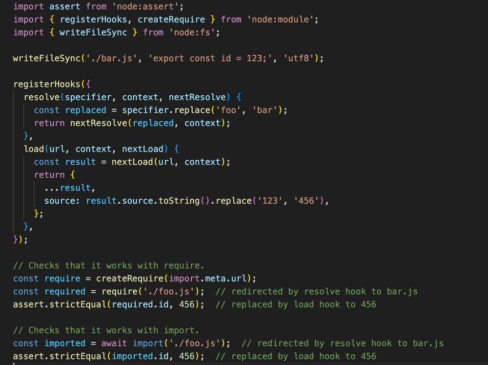 Code example showing how to use module.registerHooks() in CJS