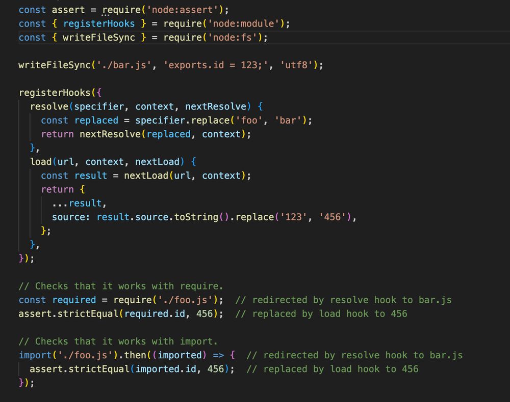 Code example showing how to use module.registerHooks() in ESM