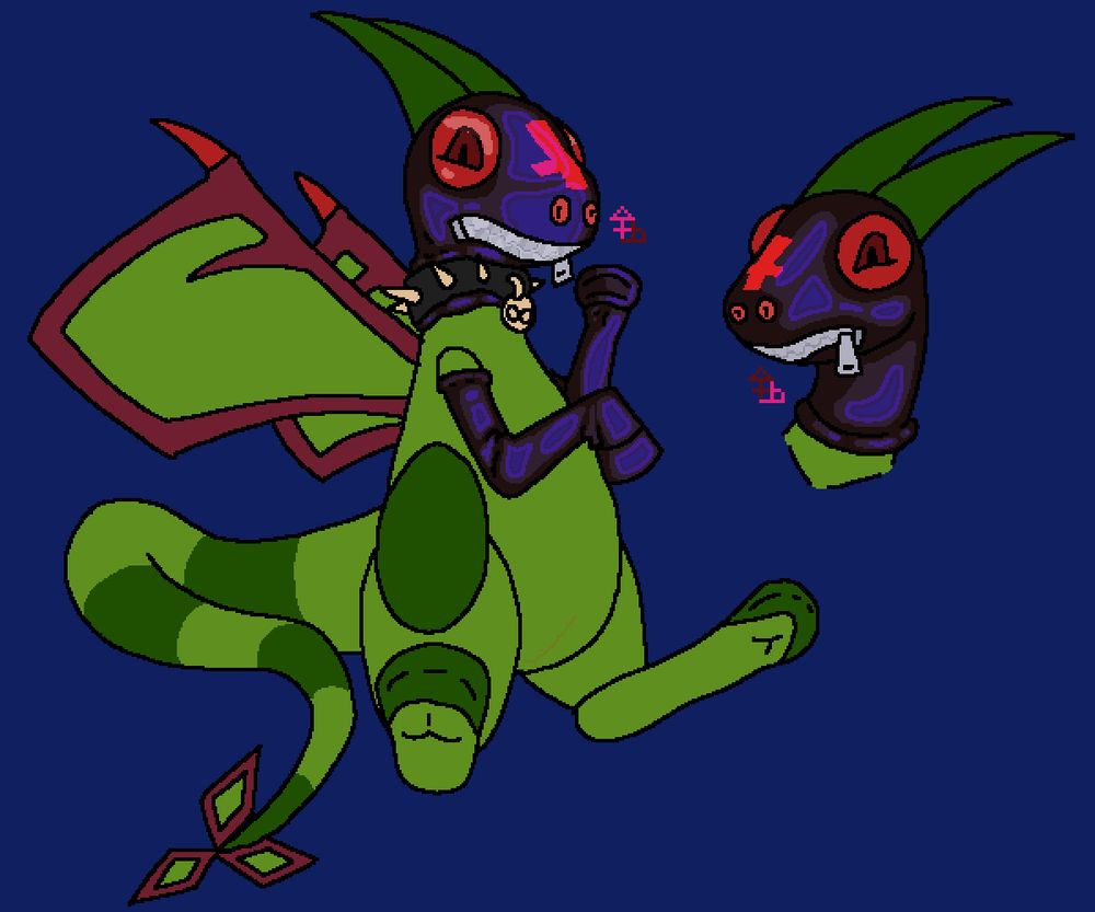 A digital drawing of a Flygon. Its colors are darker than normal. Its wings bare horns and an extra wing finger within the membrane. Its tail fins splay in a triangular fashion like a spade tail. A surgery scar runs along its lower front, and it wears a zipper-mouth rubber hood with inverse red cross on it's face, A spiked collar over the neck of the hood, and rubber hoof mittens on its hands. A portrait of the same creature without the collar is on the right side of the image.
