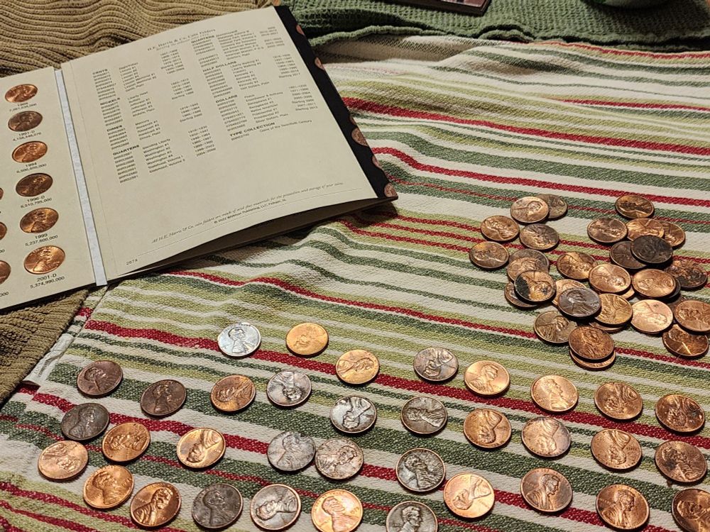 The pennies lined up and ready to be sorted
We are in desperate need of 1982 pennies to complete this book
