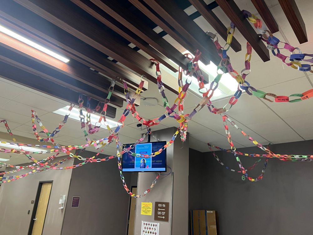 Picture of hallway ceiling with colored paper chains. Each chainlink is different color for different digits 