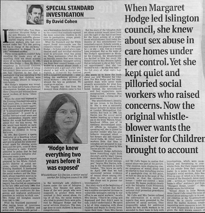 David Cohen article on Margaret Hodge and the CSA scandal in Islington care homes, Evening Standard