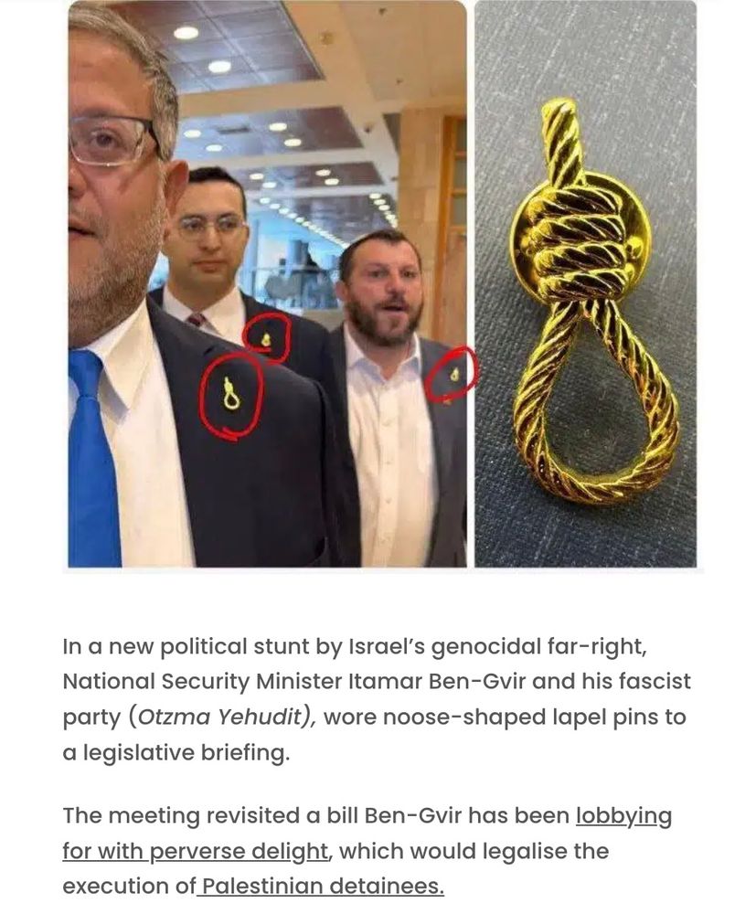 Ben Gvir and fascist party wear noose pins. They are campaigning to legalise the execution of Palestinian detainees https://www.thecanary.co/skwawkbox/2025/12/08/ben-gvirs-noose-pins/