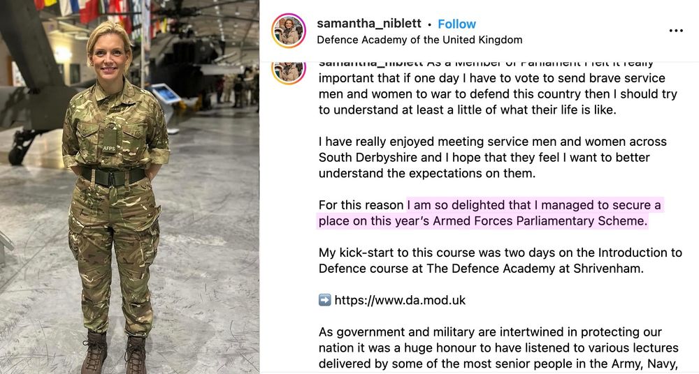 Samantha Niblett in army fatigies, commenting on her (now deleted) Linkedin profile about her place on the Armed Forces Parliamentary Scheme, provided by the MoD.