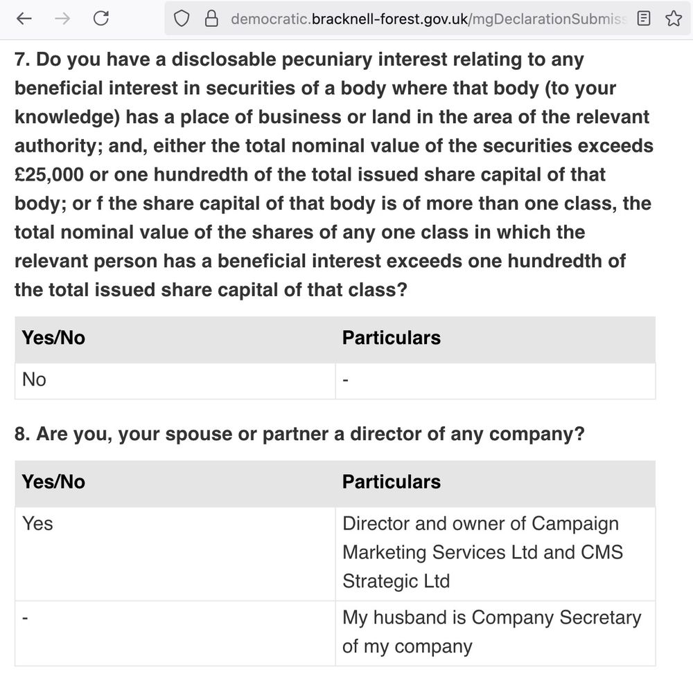 Reister on interests for Pickering
https://democratic.bracknell-forest.gov.uk/mgDeclarationSubmission.aspx?UID=7884&HID=4209&FID=0&HPID=0