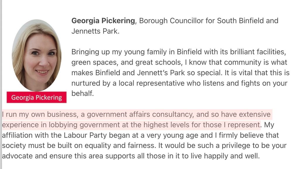 Pickering's Labour profile can be seen here: https://bracknell.laboursites.org/south-binfield-and-jennetts-park-candidate-profiles/

Bracknell Foresst Cllrs: https://democratic.bracknell-forest.gov.uk/mgMemberIndex.aspx?bcr=1