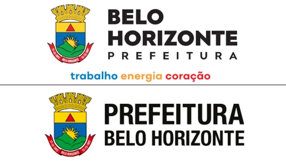 comparação entre o novo e o antigo logotipo da Prefeitura de Belo Horizonte. Ambos apresentam o brasão oficial da cidade à esquerda. Na parte superior, o novo logotipo traz “BELO HORIZONTE” em letras maiúsculas pretas e em negrito, com “PREFEITURA” logo abaixo em letras mais espaçadas e pequenas. Abaixo do texto principal, aparece o slogan “trabalho energia coração”, com as palavras nas cores azul, amarelo-alaranjado e vermelho, respectivamente. Na parte inferior da imagem, o logotipo antigo exibe o brasão ao lado das palavras “PREFEITURA BELO HORIZONTE”, também em letras maiúsculas pretas, mas com tipografia mais estreita, mais destaque à palavra "prefeitura" e sem slogan.