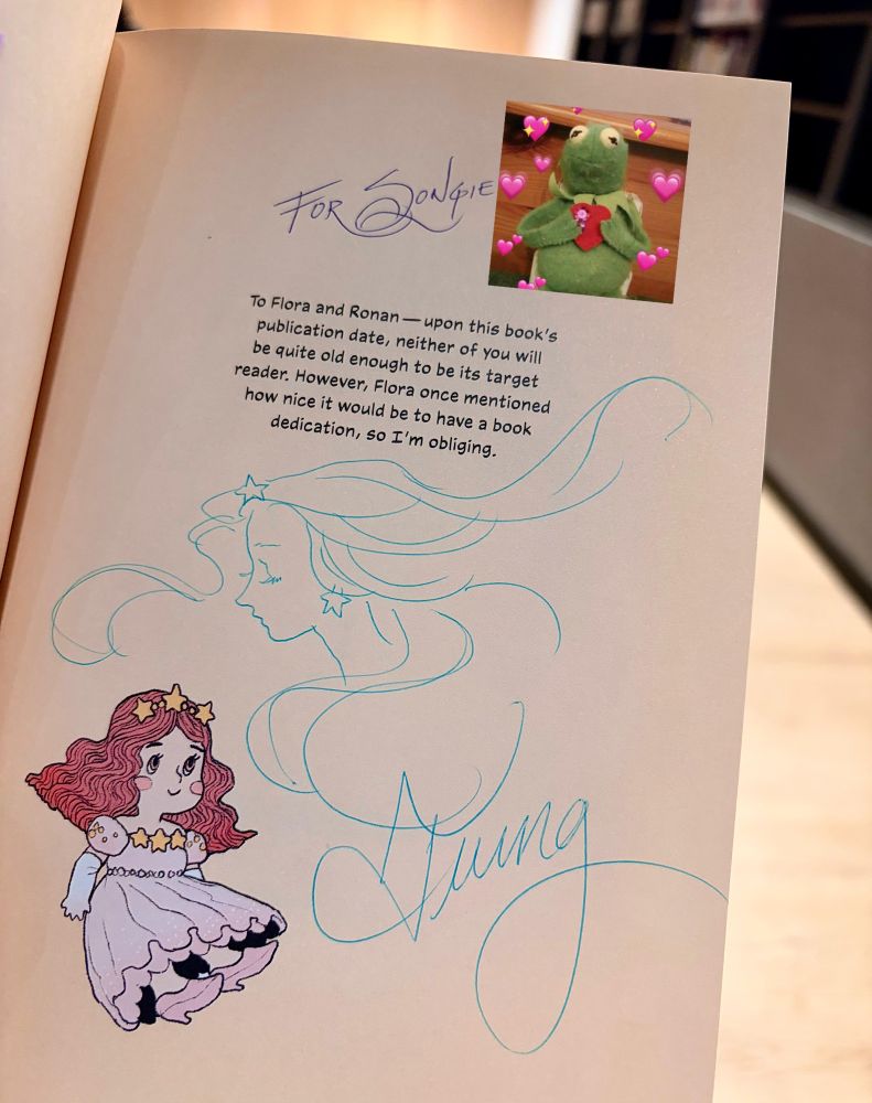 The dedication page of Trung Le Nguyen’s “Angelica and the Bear Prince”, signed by the author, along with a beautiful drawing with luscious hair.