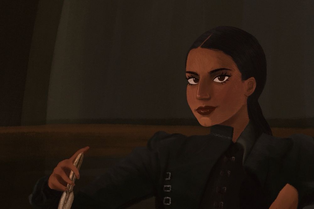 A digital drawing of Inej Ghafa of Six of Crows, based off of her actress (Amita Suman) in the Netflix series Shadow and Bone. Inej has black hair sleeked into a ponytail, brown skin, wearing a black button-down shirt. She is holding a knife whilst sitting in a dimly lit area. 