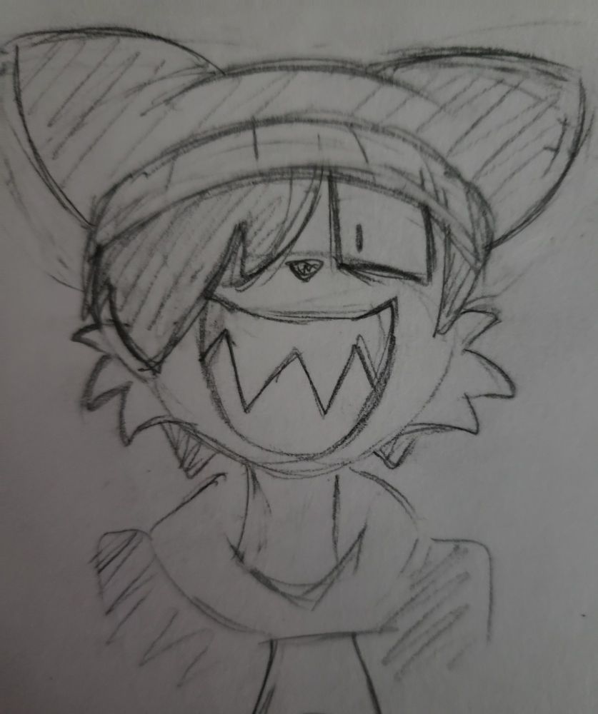 a pencil sketch of my fursona looking forward, a large evil grin