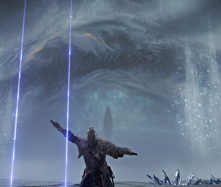 a screenshot from Nightreign, showing a Wylder in the Lion Knight armor, doing a silly pose in front of a gigantic ethereal dragon eye in the background