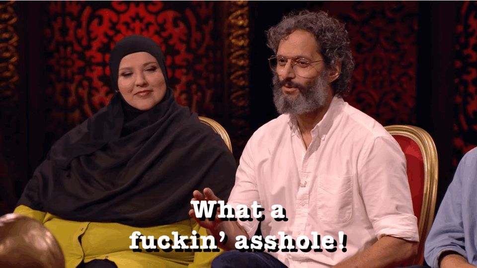 Jason Mantzoukas on Taskmaster saying “What a fuckin’ asshooe!”