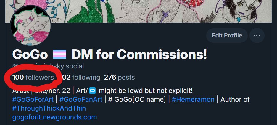 A screenshot of my Bluesky profile with the follower count of 100 circled.