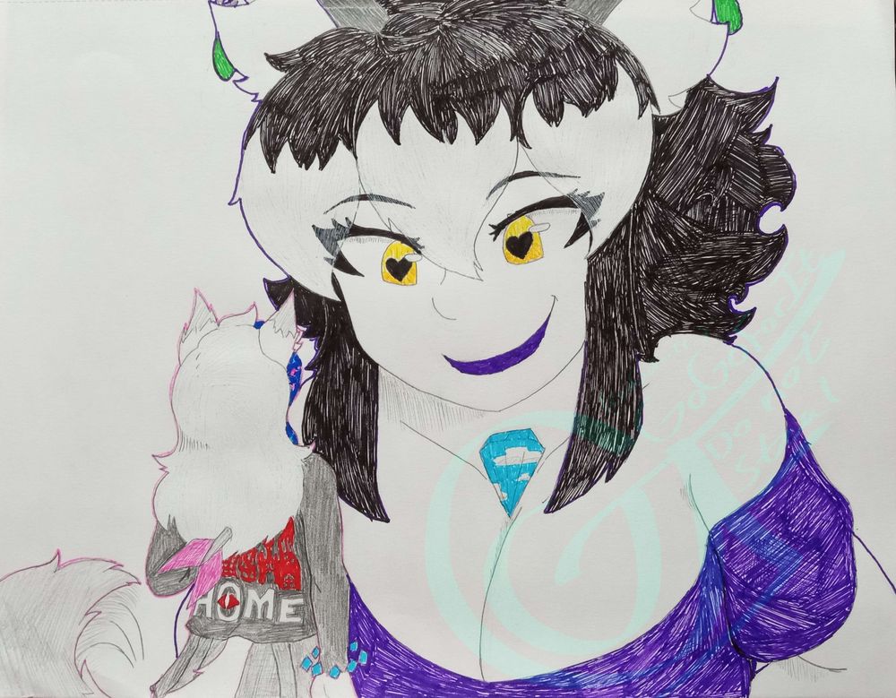 Two characters recreating the end of the Tomodachi Life: Living the Dream reveal trailer. Vivi, with short black hair and a low-cut purple top, is gigantic and smiling as she looms over Zaku, who has long white hair and a black and red long-sleeved shirt.