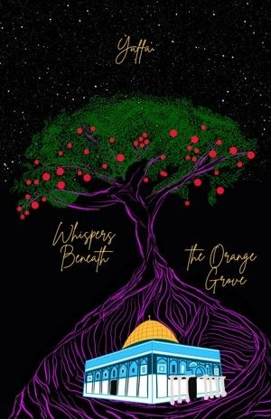 An illustrated orange tree tendrils around the Al-Aqsa mosque under a starry night sky. 