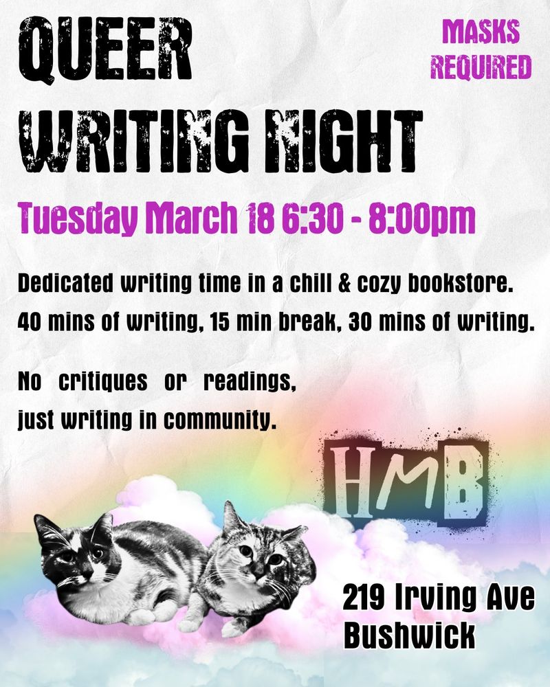 Flier advertising Queer Writing Night Tuesday March 18 6:30-8:00pm.