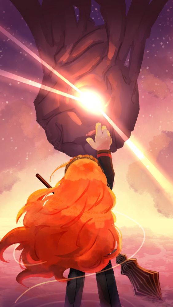Ishmael from Limbus Company reaching towards the glowing Pallid Whale’s heart, with a glowing sunset-lit sea in the background