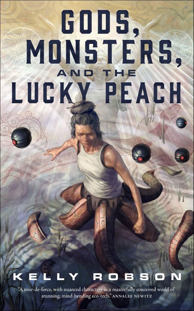 Book Cover for Gods, Monsters, and the Lucky Peach by Kelly Robson

An elderly woman with a mechanical octopus lower half wades  through water. She frowns in concern, circled by small flying spherical  robots.  An image is overlayed on top of her, a human figure reaching skyward, other drawings, but they're hard to make out. 