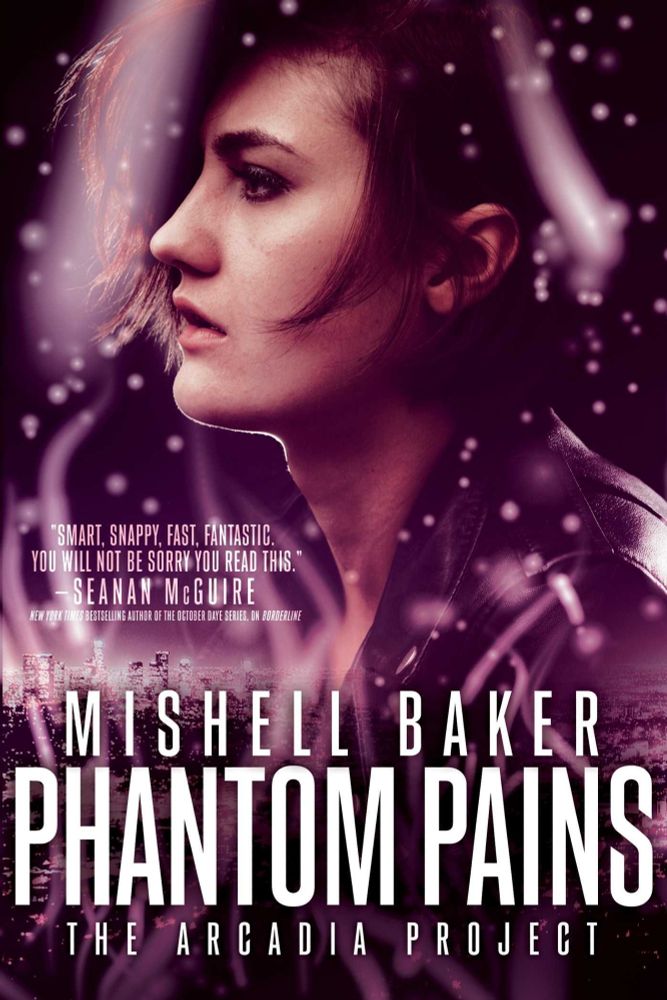 Book Cover for Phantom Pains by Mishell Baker
The Arcadia Project Book 2

A side profile of a short haired white woman in a black leather jacket. Shes surrounded by a glow, with further bright sparks around her.  She seems concerned.  At the bottom of the cover, a city skyline fades in - likely LA as that is where the series is set.