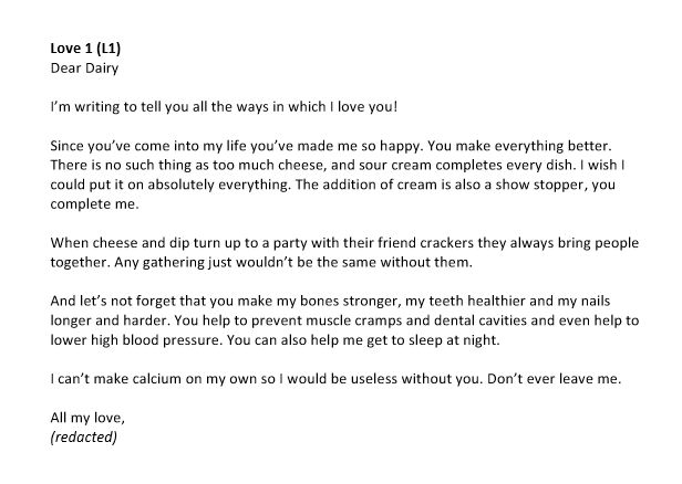 Lettre d'amour tirée de l'ensemble de données « Dear Dairy », exprimant l'amour pour divers produits laitiers et leurs bienfaits tels que le calcium, la santé dentaire et la tension artérielle. 