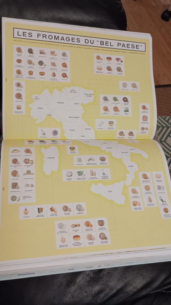 Mapa de Italia con imagenes de quesos de cada region.