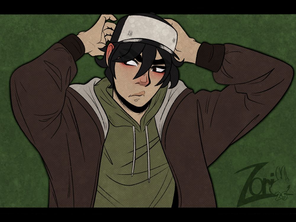 A halfbody drawing of Adam. He is disgruntled, the apples of his cheeks and ears tinted red. He reaches up towards his hat, a bit embarrassed.