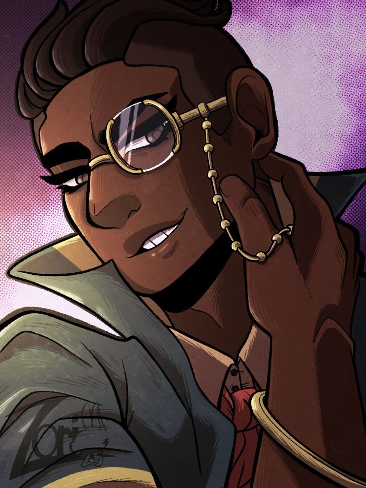 A bust of Bruno Roberts, a man with dark skin wearing a monocle and grinning confidently at the viewer. His hand is resting near his jaw.