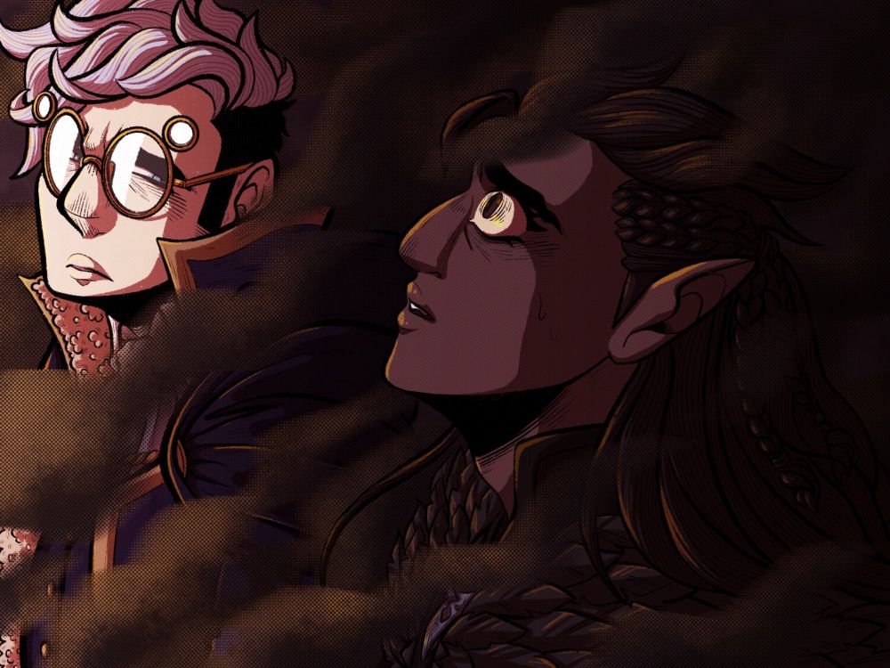 An alternate universe fanart of Percy and Vax'ildan from Critical Role. Vax'ildan is in the foreground, staring off into the distance in horror while Percy in the background looks at him, his own expression pained. Light reflects off his glasses, hiding most of his eyes. Smoke billows around them, clearly separating them as a metaphor for Percy's unrequited feelings.